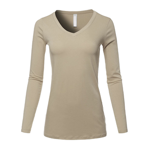 Camiseta básica ecológica de manga larga con cuello en V para mujer, camiseta elástica de algodón ajustada de secado rápido, comodidad teñida Lisa renovada - Product Image 1