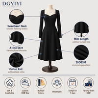 Robe midi élégante en coton tricoté opaque 280 GSM, col cœur, coupe trapèze, manches longues, pour femme, hiver, personnalisable avec logo OEM