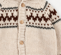Cardigan à capuche pour enfants, motif Fair Isle, avec pompons, manches longues, boutons en bois, épais et respirant, tricoté pour tout-petits, OEM ODM