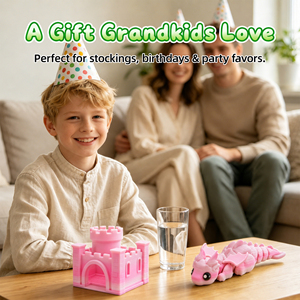 Statuetta di Drago Articolato Rosa Sfumato Stampata in 3D con Mini Scatola Portaoggetti a Forma di Castello, Giocattolo Antistress Fantasy Carino, Decorazione da Scrivania, Set Regalo - Product Image 3