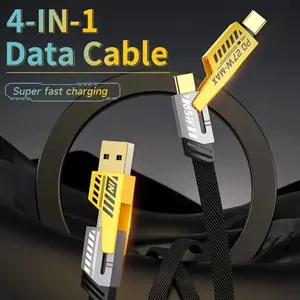 2024新款4合1锌合金USB电缆PD 65w多功能USB C快速充电线，适用于iphone三星华为充电器电缆