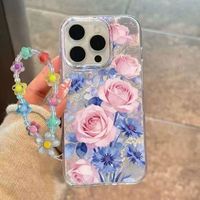 Coque de téléphone transparente à motif floral pleine surface avec bracelet tendance et chaîne pour iPhone 14 15 16 17 PRO MAX