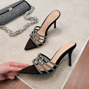 2026 New Rhinestone Silk Satin Slip-On High Heel Slippers Women's Thin Heel Pointed Toe Open Toe Rubber Outsole Wedding <b>Sandals</b> - Product Image 2