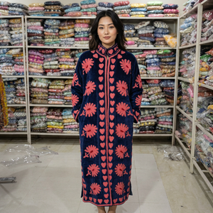 <b>Women</b> Velvet <b>Robe</b> Full Length Mandarin Collar Hand Embroidered Floral Pattern Zipper Closure Soft Cozy Winter Wear - Product Image 1