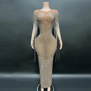 NOVANCE new 2023 sexy shiny diamond brown sheer bling dress long gown for evening party for dinner banquet prom party red carpet