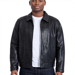 Veste en cuir véritable noire pour homme, col rabattu, fermeture éclair, couleur unie, longueur normale, vêtement décontracté pour l'automne - Product Image 1