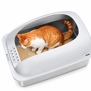 Arenero grande de acero inoxidable al por mayor con tapa para gatos grandes, bandeja de metal para inodoro de gatos con pala y alfombrilla para arena. - Product Image 4