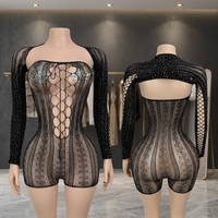Ensemble barboteuse et châle en résille transparente pour femme, tenue de danse de salon, pole dance, danse exotique et de strip-tease, sexy avec strass