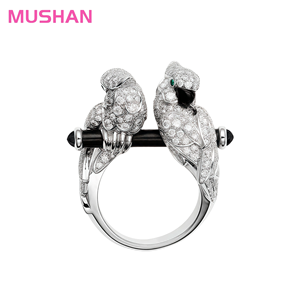 무산 주얼리 공장 럭셔리 브랜드 925 스털링 실버 반지, 여성을 위한 더블 앵무새 사랑새 에나멜 보석 반지 - Product Image 1