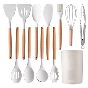 Ensemble d'ustensiles de cuisine 12 pièces en silicone avec manche en bois, spatules antiadhésives en silicone - Product Image 1