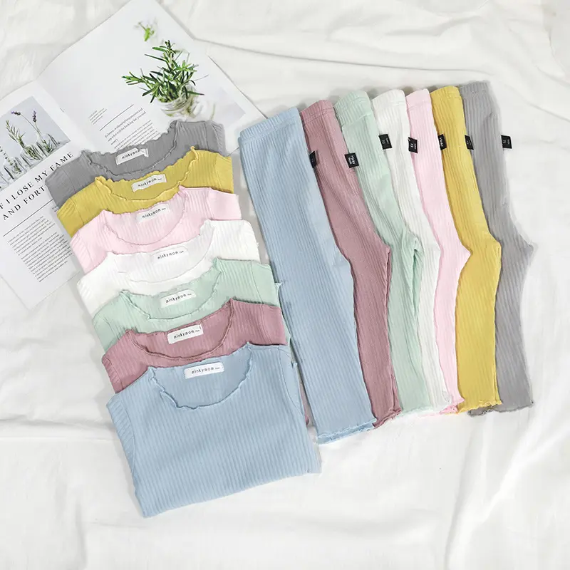 spring autumn long sleeve unisex girls boys clothes plain ribbed cotton baby clothing sets for kids