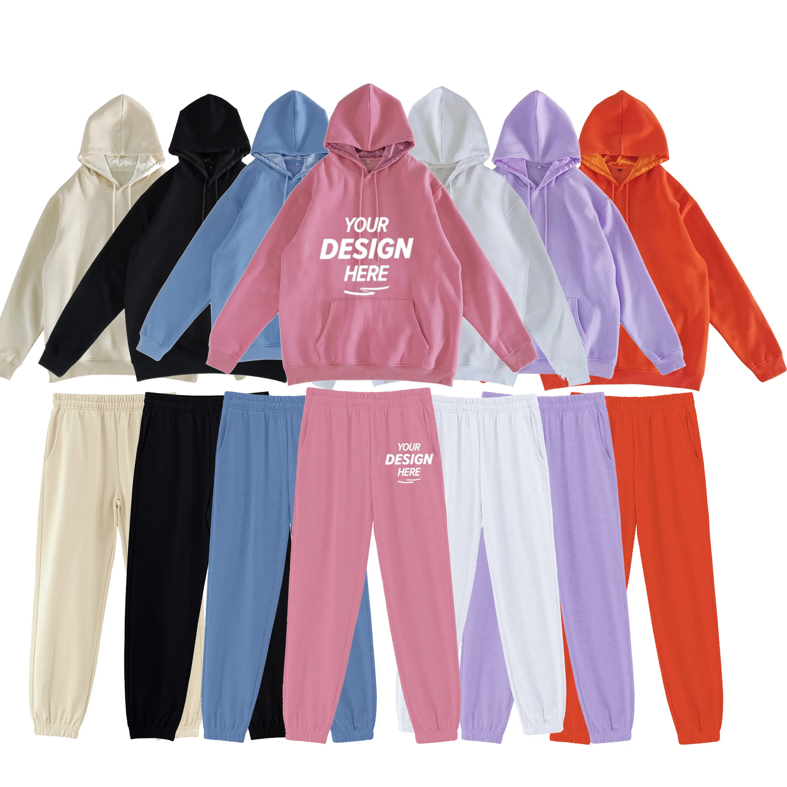 Oem özel Logo eşofman pamuklu kapüşonlar ve terlemeleri eşofman ipek saten kaplı Unisex saten kaput ile iki parçalı Hoodie seti