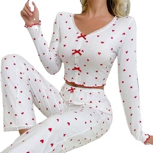Vêtements d'intérieur tendance transfrontalière à manches longues et ourlet roulé, pyjamas de style européen et américain à motif cœur, pour femmes - Product Image 5