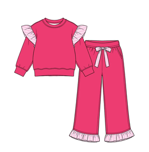 Ensemble en coton pour filles, très tendance : haut à volants contrastants à rayures et pantalon évasé à volants – Tenue deux pièces en coton pour enfants - Product Image 5