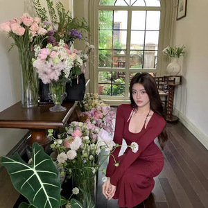French Style Halter Neck Bodycon Dress Burgundy Fitted Waist Evening Gown Cut Out Maxi Skirt - Product Image 4