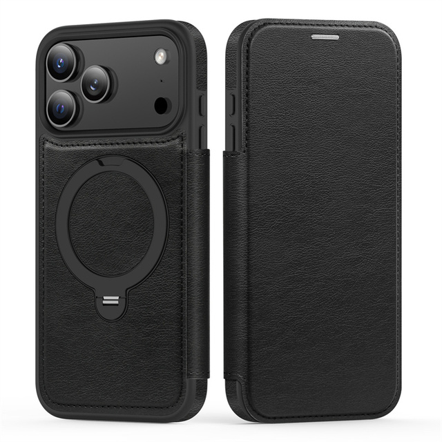 Trendy Card Pocket Rotated Ring Bracket PU Leather Phone Case for iPhone 17 Air 16E 15 14 Plus 13 12 Pro Max Magnetic Book Cover