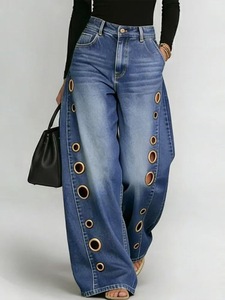 Women Mid Rise <b>Stretch</b> Wide Leg Jeans Hollow Side Metal <b>Ring</b> Design Washed Denim Floor Length Trousers - Product Image 1