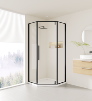 Kamar Mandi Sudut Modern dengan Pintu Berengsel, Bingkai Hitam Matte Bentuk Berlian, dan Kaca Mudah Dibersihkan
