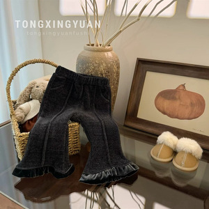 Tongxingyuan Girls Corduroy Flared <b>Pants</b> Winter 2024 Gray Fleece <b>Lined</b> Solid Color Children's <b>Pants</b> - Product Image 1