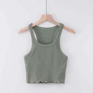 Nouveau corsage de couleur unie en <span class=keywords><strong>bois</strong></span>-oreille ourlet épaule étroite sans manches gilet pour les femmes broderie personnalisée tissu côtelé débardeur - Product Image 2