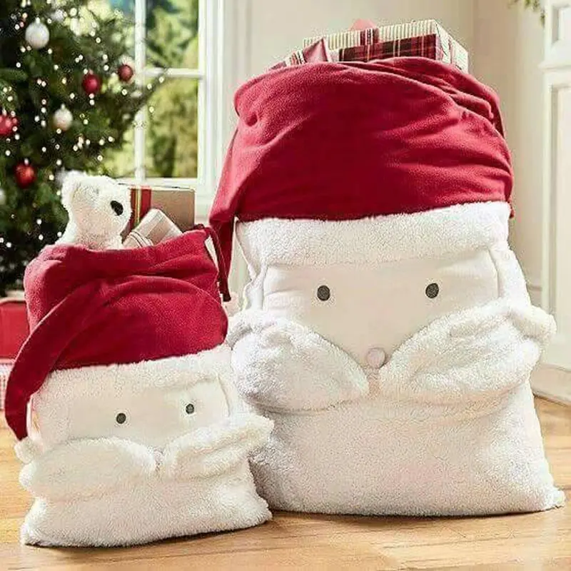 Christmas Gifts Sack Bags Velvet Pompom Hat Patch Santa Kids Gifts Drawstring Santa Sacks