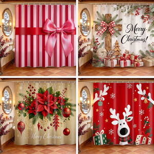 Rideau de douche Joyeux Noël, motif nœud rouge et or, flocon de neige, impression numérique, polyester imperméable, décoration de salle de bain - Product Image 6