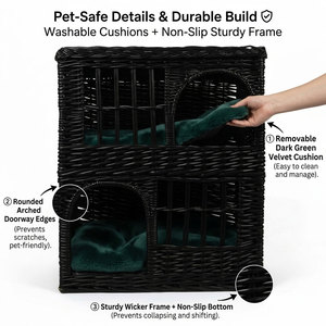 Black Rattan <strong>2</strong>-<strong>Tier</strong> <strong>Cat</strong> House Wicker Enclosure Removable Cushions Cozy Indoor Pet House <strong>Beds</strong> - Product Image 6