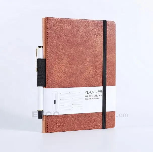 promotional custom logo premium unique real leather note book with pen holder