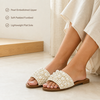 Sandales plates chic pour femmes, ornées de perles, style preppy, pour rendez-vous galants, à enfiler, classiques, pour les vacances, mules ouvertes, chaussures d'été OEM