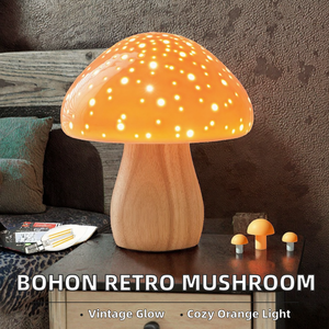 Lámpara de Noche de Madera con Forma de Hongo, Lámpara de Mesa para Dormitorio, Estilo Retro <span class=keywords><strong>Vintage</strong></span>, Luz Nocturna Naranja, Pequeña y Estética, para Sala de Estar, Escritorio, Hogar - Product Image 2
