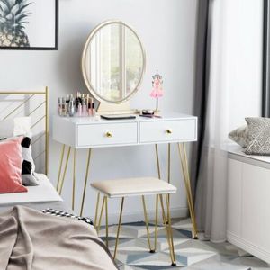 Modern <strong>White</strong> Gold MDF Plywood Wood Glass Melamine Dressing Table Wooden Wood Makeup <strong>Vanity</strong> LED Light Mirror <strong>Stool</strong> for Bedroom - Product Image 3