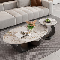 Ensemble de tables basses gigognes modernes en pierre, plateau en pierre frittée à grain minéral blanc-gris, table de rangement incurvée en métal noir pour appartement