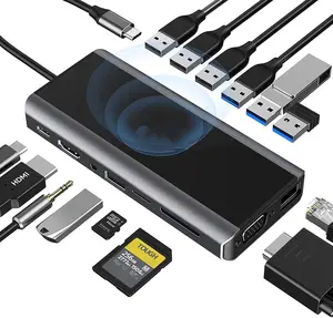 Pengisi daya nirkabel ponsel USB-C 15 dalam 1, pengisi daya nirkabel telepon 15-IN-1 fungsional dengan usb hdmi vga sd tf slot 15 in 1 USB C Hub stasiun dok untuk macbook pro