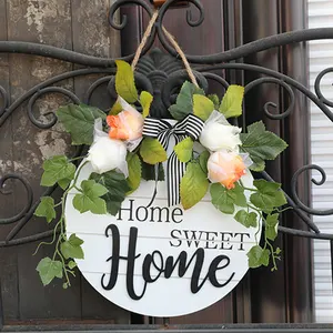 Witte Houten Doorplate Met Sweet Home Kunstmatige Rose Zwart Boog Ronde Houten Krans Home Deur Merk Lijst Decoratie