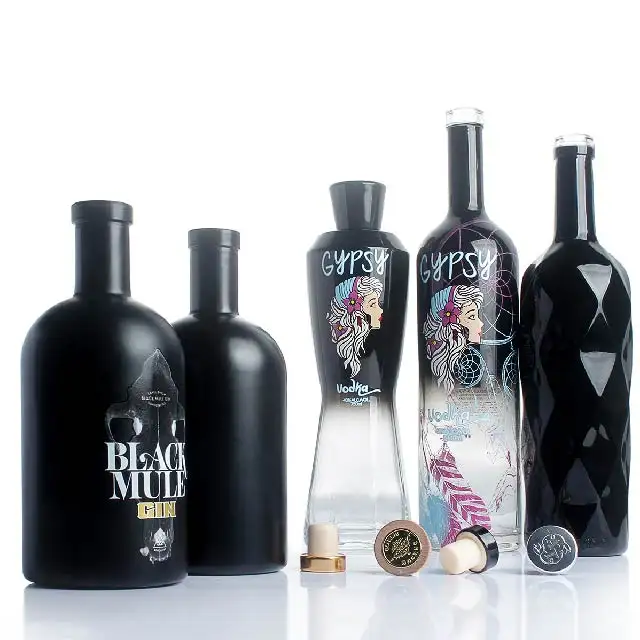 Botella de vidrio de vodka personalizada de fábrica 375ml 500ml 750ml botella de alcohol redonda de vidrio mate o esmerilado negro