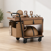 Chariot de rangement de luxe en noyer pour équipement de fitness, chariot de gym privé à domicile avec sac de rangement en cuir pour villa, hôtel, organisateur d'entraînement