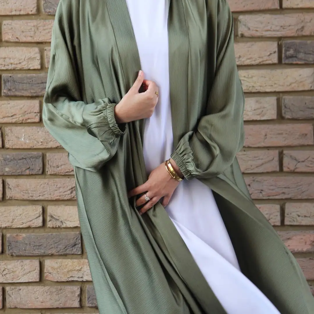 Gaun kardigan lengan panjang Abaya Muslim Satin gelembung desain terbaru gaun jubah lengan panjang Abaya terbuka depan Dubai