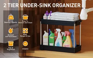 Under Sink Organizer para Banheiro e Cozinha, com almofadas antiderrapantes e ganchos, 2 Tier Pull-Out Rack de armazenamento sob o organizador pia