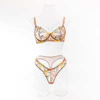 Europe et les états-unis Sexy Hottie Style soutien-gorge ensemble broderie petites fleurs artisanat, anneau en acier Transparent maille sous-vêtements