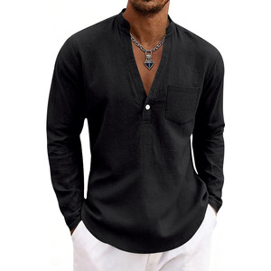 Camicia da <span class=keywords><strong>uomo</strong></span> casual in lino con perline, scollo a V ampio, monopetto, tinta unita, traspirante, senza bisogno di stiratura, per primavera/autunno, <span class=keywords><strong>taglie</strong></span> forti, per il commercio transfrontaliero - Product Image 3