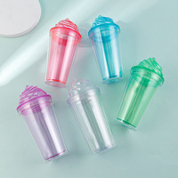 Gobelet à paille transparent en PS double paroi, avec couvercle en forme de crème glacée, design mignon, réutilisable et portable, pour fêtes et eau fraîche d'été