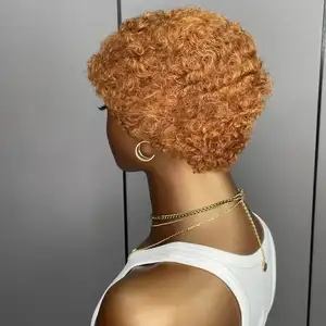 库存和廉价的黑色女性短款小精灵卷曲假发机器为非洲制造彩色无胶鲍勃假发