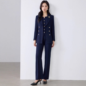 Women's Double Breasted <b>Blazer</b> Suit <b>Set</b> Solid Color Polyester Worsted Winter Office Wear - Product Image 3