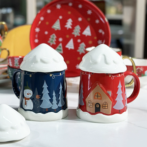Tasse mignonne en céramique de Noël en relief avec couvercle Tasse créative à blocage de couleur - Product Image 6