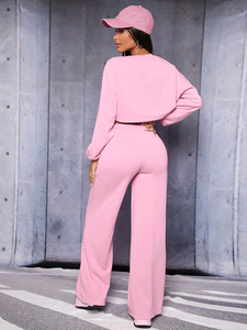 Completo da jogging da <span class=keywords><strong>donna</strong></span>: pantaloni e <span class=keywords><strong>felpa</strong></span> a maniche lunghe con taglio corto, stile streetwear - Product Image 3