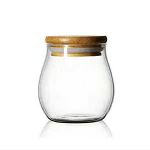 Pote redondo borosilicate para armazenamento, jarra de vidro com boca larga, tampa de madeira para armazenar alimentos, chá ou comida
