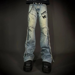 DiZNEW 2025 <span class=keywords><strong>Jeans</strong></span> da uomo <span class=keywords><strong>Premium</strong></span> in Denim lavato svasato Silhouette ispirata allo Street Style Vintage Y2K con lacci laterali - Product Image 3
