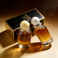 Flacon de parfum en verre dégradé de luxe avec bouchon sphérique en jade crème, design vintage aux tons chauds pour les parfums rétro et l'ambiance de la maison