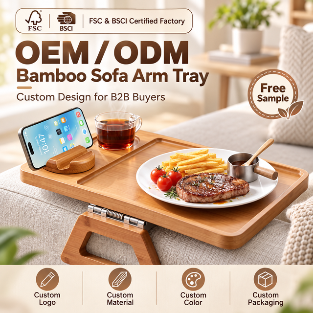 Bamboo Sofa Tray with 360 Rotating Phone Holder Couch Arm Tray Clip on Sofa Armrest Table for Drinks Snacks Non Slip Side Table