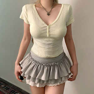 Top de Punto Transparente Estilo Pure Desire, con Tres Botones en el Hombro, Manga Corta, Camiseta Elegante para Mujer, Nueva Llegada de Verano - Product Image 2